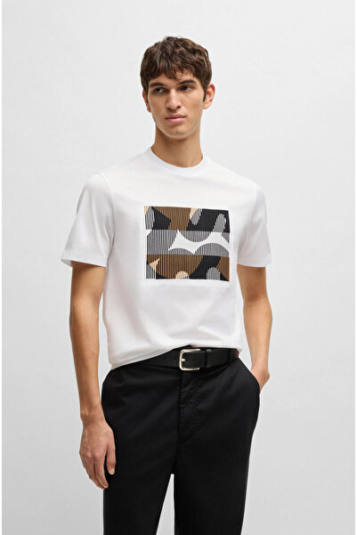 BOSS Erkek Regular Fit Yuvarlak Yaka Pamuklu Baskılı Kısa Kollu Beyaz T-Shirt