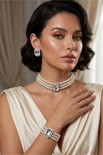 Happyline İncili gümüş baget taşlı gümüş kaplama inci choker kolye tasarım şı...