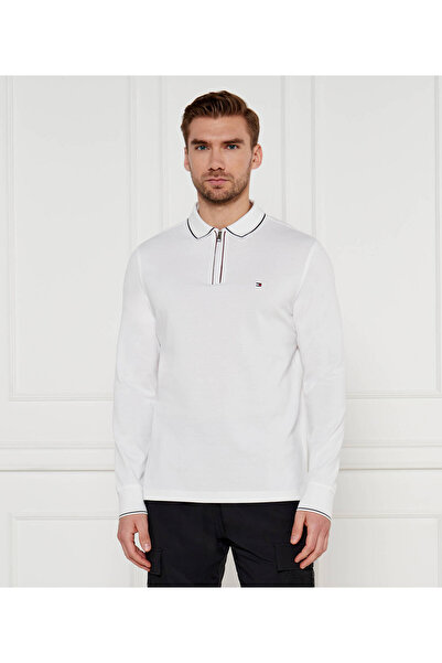 Tommy Hilfiger Erkek Polo Yaka Pamuklu Uzun Kol Fermuar Kapamalı Beyaz Polo Y...