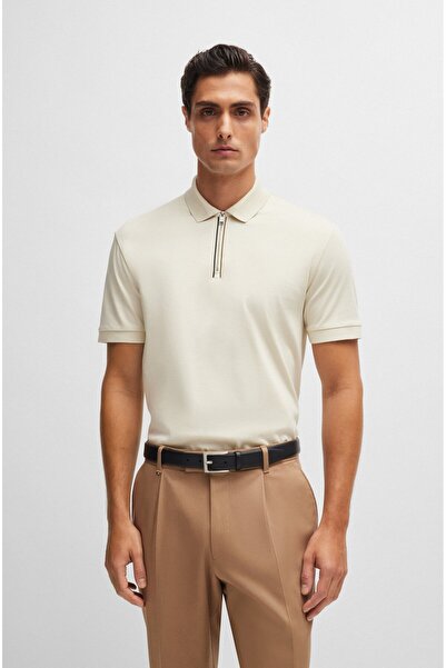BOSS Erkek Polo Yaka Fermuar Kapamalı Logolu Kısa Kol Krem Polo Yaka T-Shirt