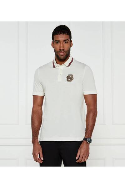 BOSS Erkek Regular Fit Monogram Logolu Yaka Detaylı Pamuklu Kısa Kollu Krem P...