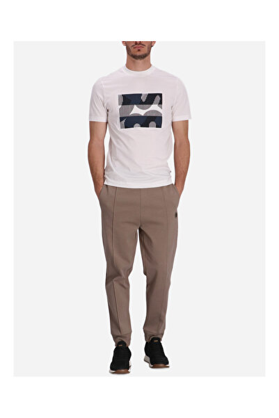 BOSS Erkek Regular Fit Yuvarlak Yaka Pamuklu Baskılı Kısa Kollu Krem T-Shirt