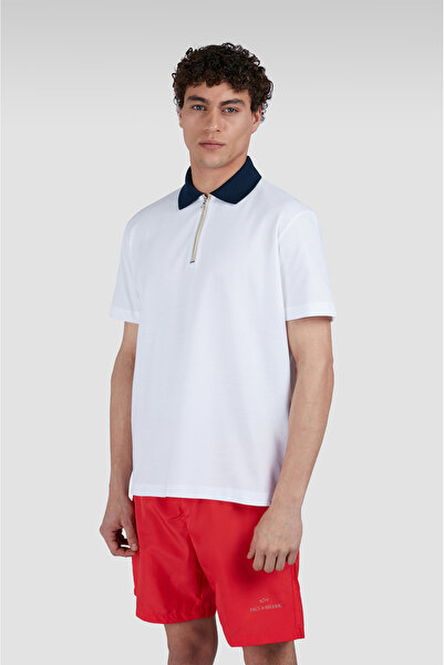 PAUL&SHARK Tricou alb cu guler polo, cu mânecă scurtă, din bumbac, cu jumătat...