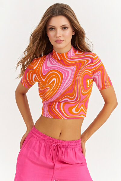 NEW JOURNAL Women's Orange Half Fisherman Patterned Crop Blouse App1207