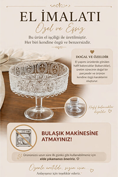 Jenisa El Yapımı Şeffaf Cam Yuvarlak Ayaklı Sunum Kasesı Sunumluk 19x25 Cm