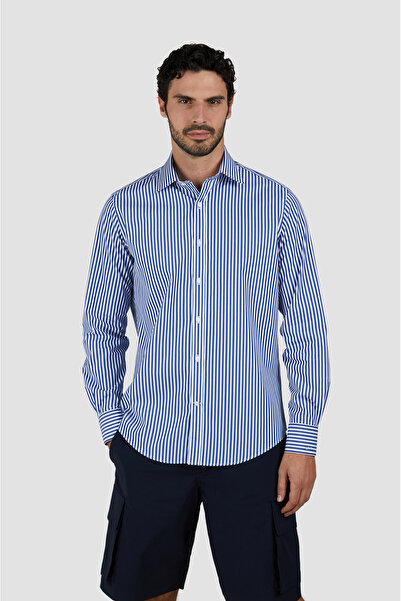 PAUL&SHARK Erkek Regular Fit Çizgi Desenli Uzun Kollu Lacivert-Beyaz Gömlek