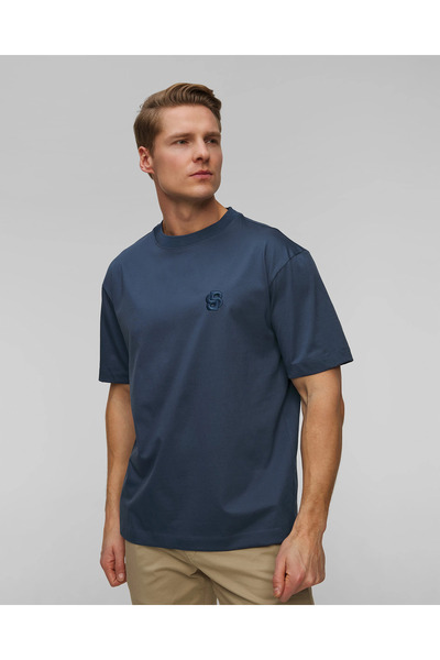BOSS Erkek Rahat Kesim Monogram Logolu Yuvarlak Yaka Kısa Kollu Mavi T-Shirt