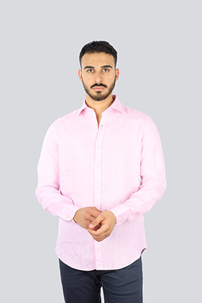 PAUL&SHARK Erkek Normal Kalıp %100 Keten Düz Uzun Kollu Pembe Gömlek