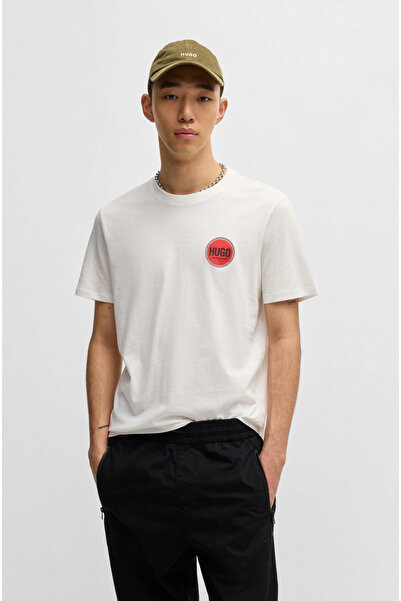 HUGO Men's Regular Fit Round Neck Short Sleeve White T-Shirt with Round Logo ...
