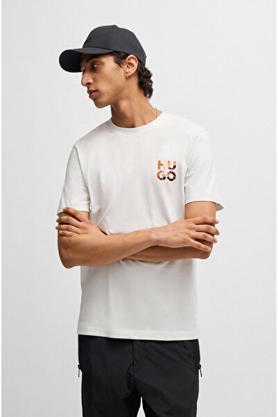 HUGO Men's Brand Logo Crew Neck Short Sleeve Ecru T-Shirt