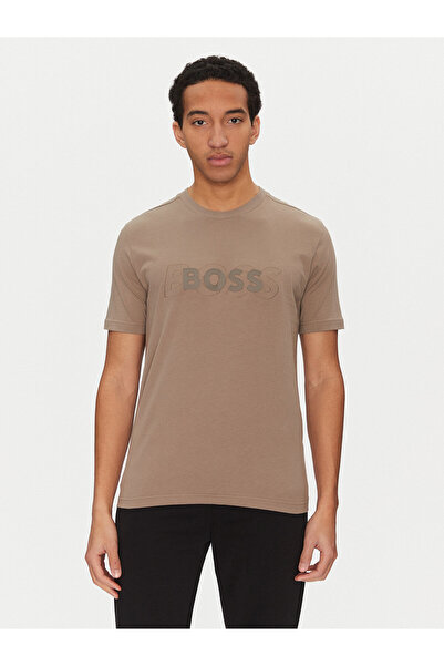 BOSS Erkek Regular Fit Yuvarlak Yaka Monogram Logolu Kısa Kollu Bej T-Shirt