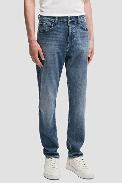 BOSS Erkek Regular Fit Normal Bel Hafif Taşlı Düz Paça Mavi Jeans