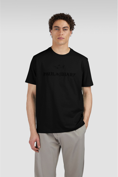 PAUL&SHARK Tricou negru din jerseu de bumbac brodat cu logo Ton Sur Ton pentr...