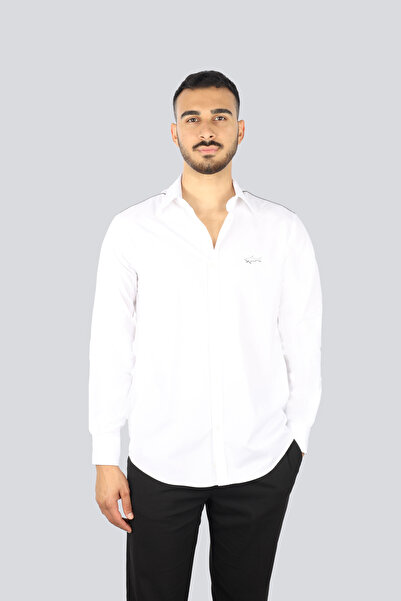 PAUL&SHARK Erkek Regular Fit Omuzlarda Çizgi Desenli Uzun Kollu Beyaz Gömlek