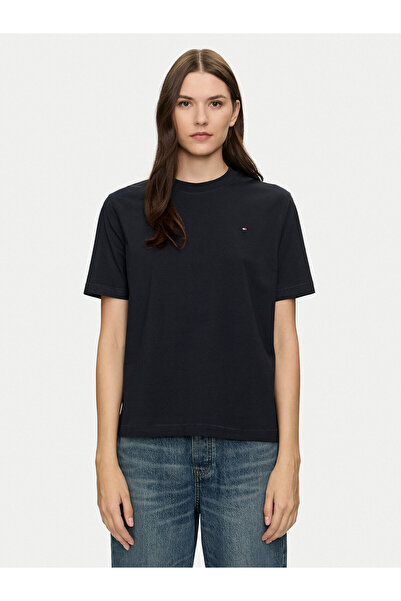 Tommy Hilfiger Kadın Marka Logolu Basic Bisiklet Yaka Kısa Kollu Mavi T-Shirt