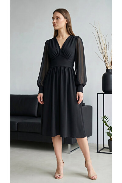 Önü Büzgülü Midi Elbise