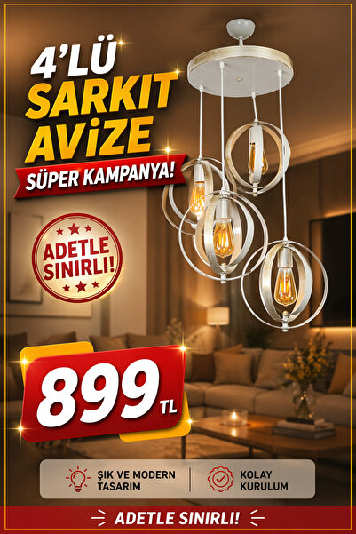 VENON Süper Güven Avize Miran 4 Lü Sarkıt Kasa Krem Sarı Patine Avize Melodi ...