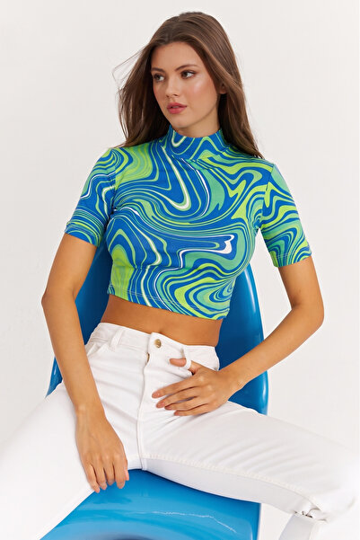 NEW JOURNAL Γυναικεία πράσινη μπλούζα με μισό σχέδιο ψαράδικου τύπου APP1207