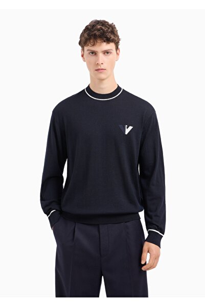 Emporio Armani Men's Cotton Woven Fabric Brand Logo Navy Blue Sweater