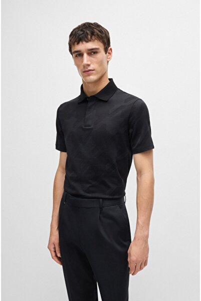 BOSS Erkek Kısa Kol Polo Yaka Kabartma Desenli Siyah Polo Yaka T-Shirt