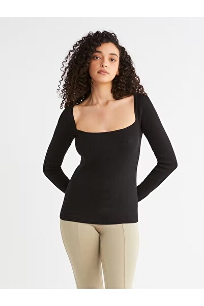 Calvin Klein Kadın Pamuklu Kare Yaka Slim Fit Uzun Kollu Siyah Kazak