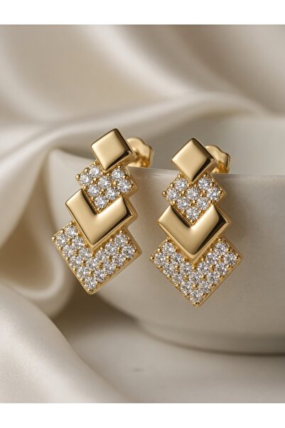 AlminaMia أقراط CMJEWELRY هندسية مرصعة بالأحجار بلون ذهبي مقاس 15 ملم