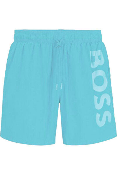 BOSS Erkek Logolu Beli Lastikli Yüksek Bel Slim Fit Mavi Mayo