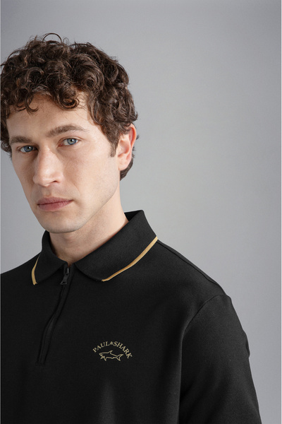 PAUL&SHARK Erkek Pamuklu Polo Yakalı Düğme Kapamalı Kısa Kollu Siyah Polo Yaka T-Shirt