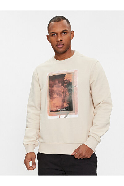 Calvin Klein Men's Brand Logo Long Sleeve Comfortable Beige Sweatshirt