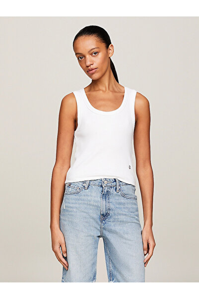 Tommy Hilfiger Kadın Logolu Yuvarlak Yaka Crop Beyaz Bluz