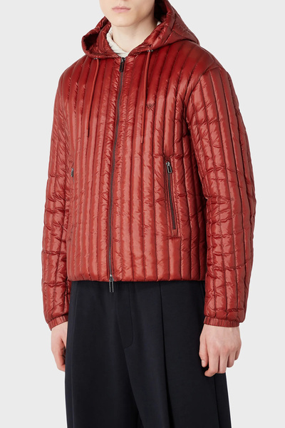 Emporio Armani Men's Hooded Collar Brand Detailed Zippered Inflatable Red Coat