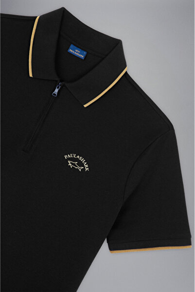 PAUL&SHARK Erkek Pamuklu Polo Yakalı Düğme Kapamalı Kısa Kollu Siyah Polo Yaka T-Shirt