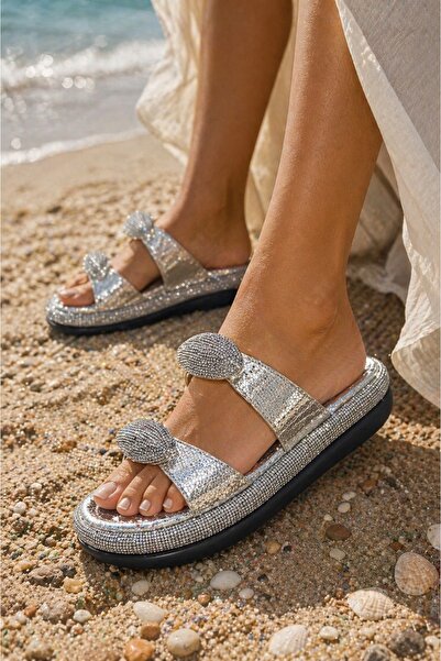 Giydim Gidiyor Dock Crystal Stone Ψηλή σόλα Special Design Παντόφλες Ασήμι