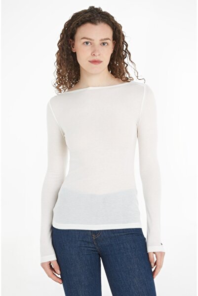 Tommy Hilfiger Kadın Marka Logolu Uzun Kollu Slim Fit Beyaz T-Shirt