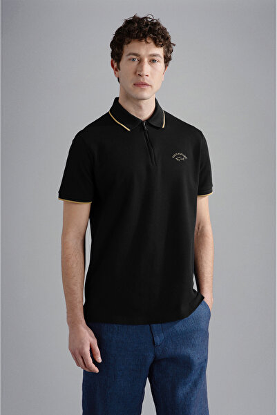 PAUL&SHARK Erkek Pamuklu Polo Yakalı Düğme Kapamalı Kısa Kollu Siyah Polo Yak...