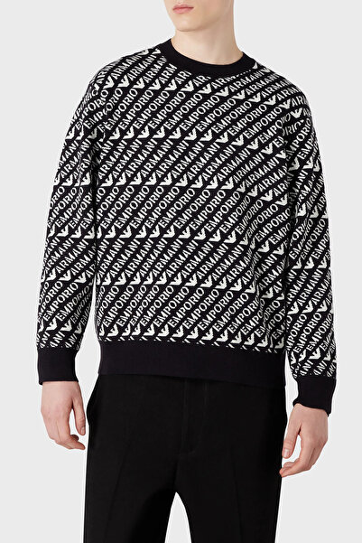 Emporio Armani Men's Brand Logo Detailed Crew Neck Regular Fit Navy Blue-Whit...