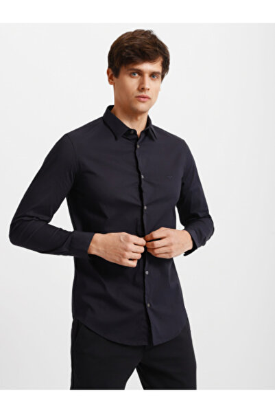 Emporio Armani Men's Brand Logo Detailed Regular Fit Long Sleeve Navy Blue Shirt
