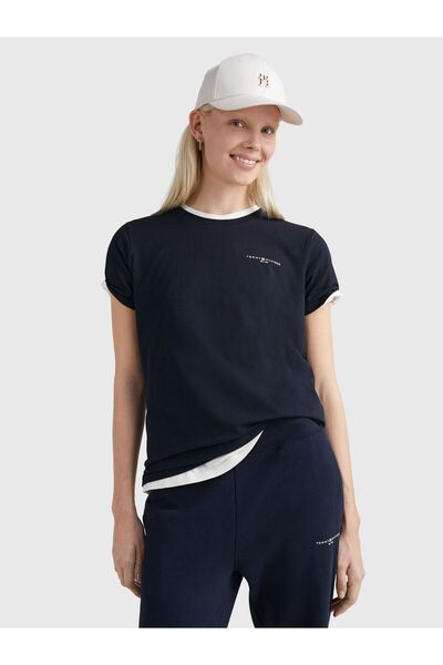 Tommy Hilfiger Kadın Pamuklu Yuvarlak Yaka Marka Logolu Lacivert T-Shirt