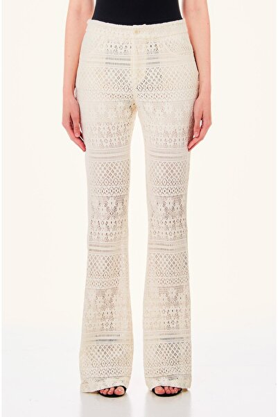 liu.jo Women's Slim Fit Wide Leg Lace Detailed Beige Trousers