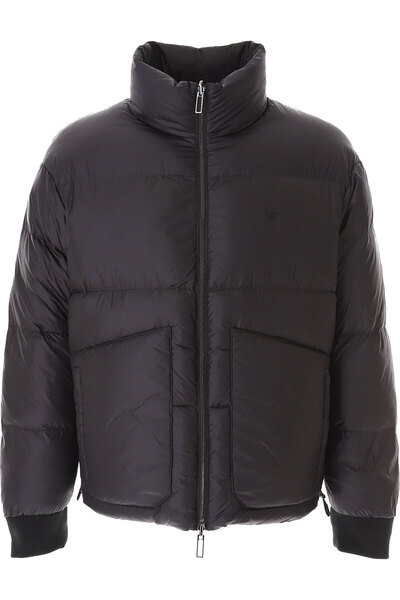 Emporio Armani Men's Woven Fabric Stand Collar Zippered Black Coat
