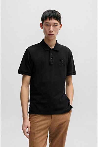 BOSS Erkek Pamuklu Polo Yakalı Düğme Kapamalı Kısa Kollu Siyah Polo Yaka T-Shirt