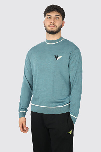 Emporio Armani Men's Cotton Woven Fabric Brand Logo Blue Sweater