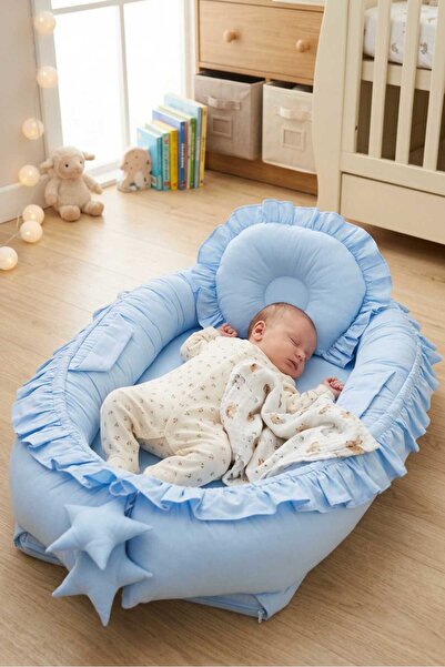 Umaybebek Babynest، سرير نوم للأطفال 0-2 سنة - 100% قطن - أزرق مكشكش