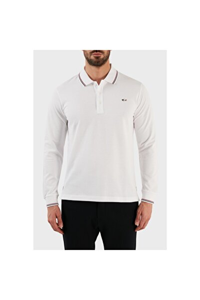 PAUL&SHARK Tricou alb cu guler polo, din bumbac, cu mânecă lungă, pentru bărbați
