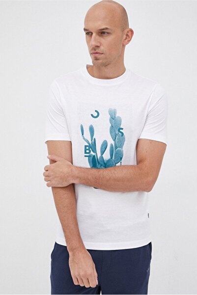 BOSS Erkek Büyük Logo Baskılı Yumuşak Dokulu Beyaz T-Shirt