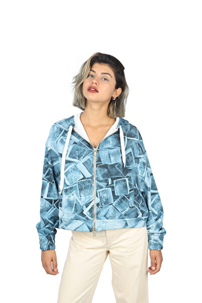 Emporio Armani Women's Polo Collar Patterned Short Blue Sweatshirt