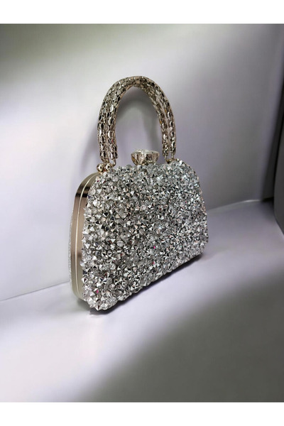 Dilora Kadın Gümüş Kristal Taşlı Abiye Çanta Clutch Portföy Zincir Askılı Düğ...