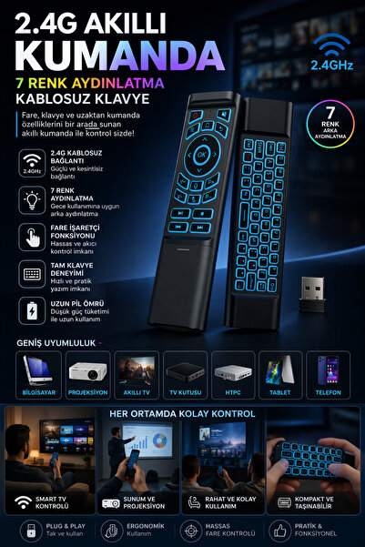 nextbuy 2.4G Mini Kablosuz Klavye Air Fly Fare 7 Renk Aydınlatmalı Ses Komutl...