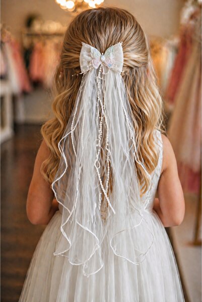 GlassySKY Μοντέλο Duvak Κλιπ μαλλιών Πριγκίπισσας με φιόγκο, πεταλούδα και μα...