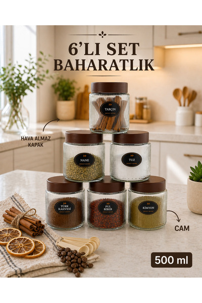 naturelove 6'lı Etiketli Çizgili Cam Kavanoz Baharatlık Seti – Plastik Contal...
